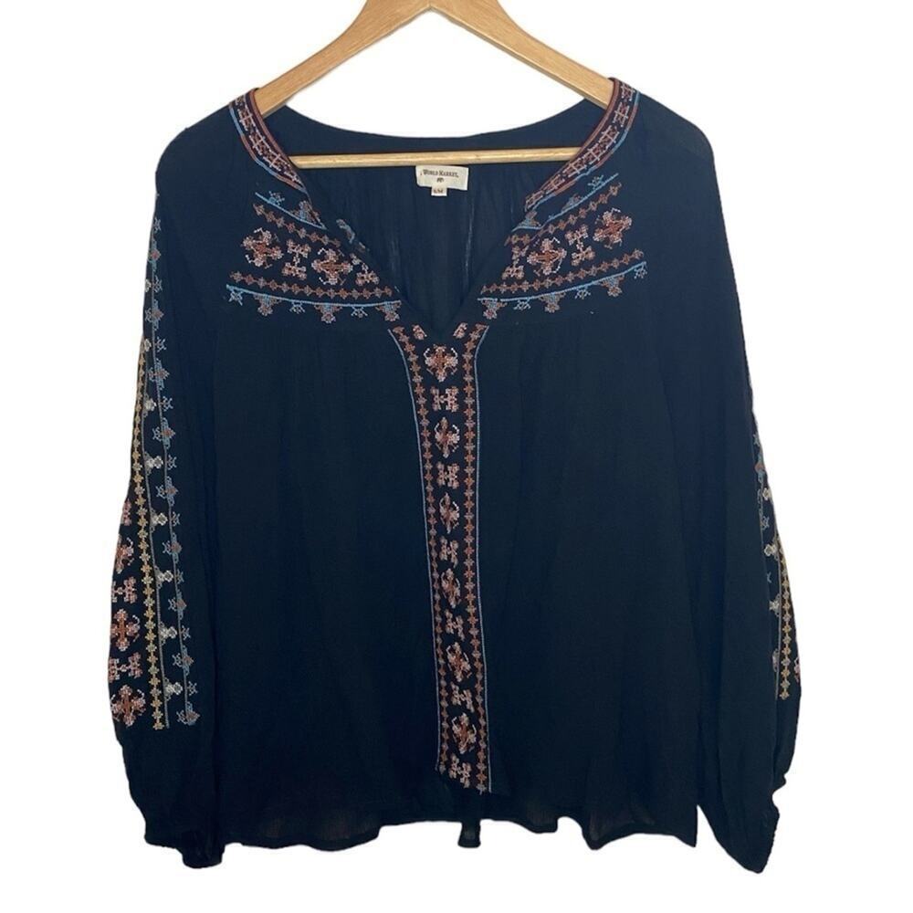 World Market Black V-Neck Embroidered Long Bishop Sleeve Loose Fit Top